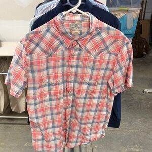Lucky Brand Coral and Blue Plaid Short-Sleeve Button-Down Shirt